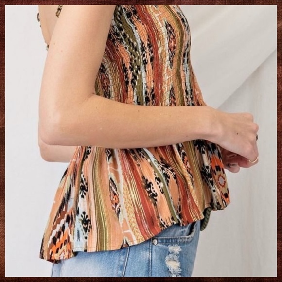 EASEL Smocked Fitted Stretchy Sleeveless Bodice W/Pleated Peplum Aztec Print Top - Picture 16 of 16